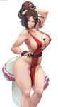  1girl absurdres annoyed arm_up artist_name bare_shoulders between_breasts breasts brown_hair cleavage cutesexyrobutts fatal_fury hand_on_hip highres huge_breasts japanese_clothes letter long_hair patreon_username ponytail shiranui_mai sideboob simple_background solo the_king_of_fighters thick_thighs thighs white_background 