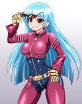  1girl blue_hair bodysuit breasts eyewear_removed gauntlets gloves gradient gradient_background grey_background hand_on_hip hand_up highres kula_diamond long_hair looking_at_viewer medium_breasts red_eyes simple_background smile solo sunglasses the_king_of_fighters very_long_hair yensh zipper 