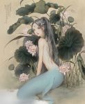  1girl black_hair blue_eyes circlet dadachyo fins flower grass hair_flower hair_ornament hair_over_shoulder jewelry leaf leaning_to_the_side lips long_hair looking_back lotus lotus_pod mermaid monster_girl necklace nude on_ground original ponytail shore sitting solo water 