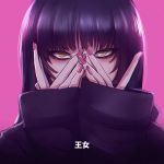  1girl black_hair blueriest chromatic_aberration covering_face hands_on_own_face highres long_hair looking_at_viewer nail_polish original peeking_through_fingers pink_background pink_nails simple_background sleeves_past_wrists solo upper_body yellow_eyes 
