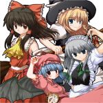  4girls apron aqua_eyes ascot bad_id bat_wings black_hair blonde_hair blue_hair bow braid detached_sleeves hair_bow hair_tubes hakurei_reimu hat izayoi_sakuya kirisame_marisa knife long_hair maid maid_apron maid_headdress multiple_girls nekonote_(nekono_paraiso) pink_headwear pocket_watch red_eyes remilia_scarlet side_braid silver_hair single_braid touhou twin_braids watch wings witch_hat 