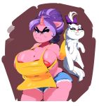  2019 accessory anthro anthrofied apron apron_only areola areola_slip beauty_mark big_areola big_breasts blue_eyes bottomwear breasts clothed clothing cookie_crumbles_(mlp) curvy_figure cutoffs denim denim_clothing domestic_cat duo equid equine eyeshadow felid feline felis female feral friendship_is_magic frown fur gloves green_eyes hair hair_accessory hair_bow hair_ribbon handwear hi_res horn huge_breasts makeup mammal mature_female mole_(marking) mostly_nude my_little_pony opalescence_(mlp) pink_nose purple_hair ribbons shorts skimpy smile smirk smutbooru unicorn voluptuous white_body white_fur wide_hips 
