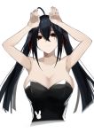  1girl ahoge azur_lane bangs bare_shoulders black_hair black_leotard breasts bunny_pose bunnysuit cleavage closed_mouth collarbone crossed_bangs eyelashes hair_between_eyes hair_ribbon head_tilt highres large_breasts leotard long_hair looking_at_viewer red_eyes red_ribbon ribbon rrr_ato simple_background smile solo strapless strapless_leotard taihou_(azur_lane) tied_hair twintails white_background 