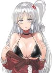  1girl bangs bare_shoulders bikini bikini_under_clothes black_bikini black_choker blush breasts choker cleavage collarbone dress eyebrows_visible_through_hair hair_bobbles hair_ornament large_breasts long_hair long_sleeves looking_at_viewer off_shoulder one_side_up parted_lips red_dress shinki silver_hair simple_background solo swimsuit touhou undressing upper_body very_long_hair white_background y2 
