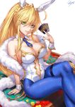  1girl animal_ears arm_support artoria_pendragon_(all) artoria_pendragon_(lancer) artoria_pendragon_(swimsuit_ruler)_(fate) bangs bare_shoulders blonde_hair blue_legwear blue_nails blue_neckwear blurry blush breasts bunny_ears bunnysuit card casino_card_table cleavage crossed_legs detached_collar fate/grand_order fate_(series) feather_boa fishnets green_eyes hair_between_eyes highres holding holding_card large_breasts leotard long_hair looking_at_viewer necktie pantyhose parted_lips playing_card ponytail sakiyamama sidelocks signature simple_background solo white_background white_leotard wrist_cuffs 