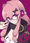  1girl character_name coat girls_frontline glasses hair_ornament hairclip highres k31_(girls_frontline) long_hair papaia_(quentingqoo) pink_hair purple_eyes smile solo 
