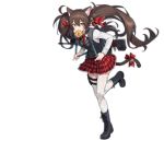  1girl alternate_costume animal_ear_fluff animal_ears assault_rifle backpack bag bangs bell blue_footwear blue_vest blush boots breasts brown_eyes brown_hair cat_ears collared_shirt double-breasted eyebrows_visible_through_hair fang food food_in_mouth full_body girls_frontline gun hair_bell hair_ornament hair_ribbon jingle_bell long_hair long_sleeves looking_at_viewer mouth_hold nagu necktie official_art petticoat qbz-97_(girls_frontline) red_neckwear red_ribbon red_skirt ribbon rifle running school_bag school_uniform shirt skin_fang skirt thigh_strap thighhighs toast toast_in_mouth transparent_background twintails very_long_hair vest weapon white_legwear white_shirt zettai_ryouiki 