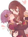  !! 2girls bernadetta_von_varley blush brown_hair closed_mouth dorothea_arnault earrings fire_emblem fire_emblem:_three_houses from_side gloves green_eyes grey_eyes hair_ornament heart holding_hands jewelry kvlen long_hair long_sleeves multiple_girls open_mouth purple_hair simple_background upper_body white_background yellow_gloves yuri 