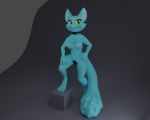  3d_(artwork) 5:4 absurd_res anthro blue_body blue_fur breasts chastity_(disambiguation) chastity_device chastity_plug collar digital_media_(artwork) felid feline female fur green_eyes hi_res kraft_trio mammal solo 