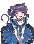  1girl animal_ears bang_dream! bangs blue_choker blue_dress blue_neckwear blue_skirt blunt_bangs blush cat_ears cat_tail choker collarbone commentary_request dress drill_hair eyebrows_visible_through_hair fang from_above gloves jewelry lace layered_dress looking_at_viewer mia_(fai1510) necklace neckwear open_mouth purple_hair red_eyes short_hair sidelocks simple_background skirt smile solo tail twintails udagawa_ako white_background white_gloves 