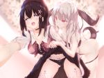  2girls ass black_hair blush hat long_hair numpopo original panties purple_eyes pussy_juice red_eyes skirt_lift stockings underwear white_hair yuri 