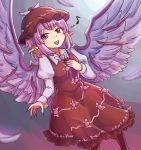  1girl :d bangs blush breasts commentary dress dutch_angle eighth_note eyebrows_visible_through_hair feathered_wings feathers feet_out_of_frame fingernails frills grey_background grey_eyes hand_on_own_chest hat head_wings juliet_sleeves long_sleeves looking_at_viewer mob_cap musical_note mystia_lorelei open_mouth pink_hair pink_wings puffy_sleeves red_dress red_headwear sharp_fingernails shirt short_hair small_breasts smile solo standing touhou white_shirt wings wool_(miwol) 