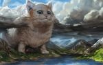  animal assasinmonkey blue_sky cat cloud cloudy_sky day fantasy grass mountain no_humans original outdoors oversized_animal river sky solo standing tree water 