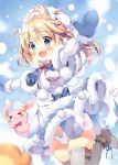  &gt;_&lt; 1girl :3 :d bangs blonde_hair blue_bow blue_capelet blue_eyes blue_mittens blurry blurry_foreground blush bow bow_panties brown_footwear capelet closed_eyes closed_mouth commentary_request depth_of_field dress eyebrows_visible_through_hair fur-trimmed_boots fur-trimmed_capelet fur-trimmed_dress fur-trimmed_mittens fur_trim grey_legwear hair_between_eyes long_hair looking_at_viewer mittens open_mouth original outstretched_arms pan_(mimi) panties pleated_skirt pom_pom_(clothes) red_bow skirt smile snowing solo spread_arms stuffed_animal stuffed_bunny stuffed_toy thighhighs two_side_up underwear upper_teeth white_dress white_panties 