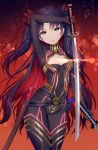  1girl aozora_nan arm_up bangs black_bodysuit black_hair bodysuit breasts commentary_request covered_navel eyebrows_visible_through_hair fate/grand_order fate_(series) grey_eyes groin highres holding holding_sword holding_weapon ishtar_(fate/grand_order) katana looking_at_viewer multicolored_hair parted_bangs red_hair sheath small_breasts solo space_ishtar_(fate) sword two-tone_hair two_side_up unsheathed weapon 