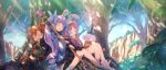  animal_ears boots braids brown_hair bunny_ears dress forest hat long_hair pink_hair pointed_ears ponytail princess_connect! purple_hair sleeping staff tagme_(character) tree twintails yuuki_tatsuya 