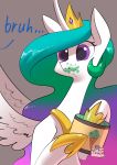  absurd_res crown dessert dialogue equid feathered_wings feathers female feral food friendship_is_magic hi_res horn ice_cream mammal my_little_pony princess_celestia_(mlp) purple_eyes underpable winged_unicorn wings 