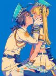  2girls alternate_hairstyle armband bandolllll bang_dream! bangs belt belt_pouch black_hair blonde_hair blue_background blue_eyes blue_footwear blue_headwear blue_ribbon blush boots checkered cheek_squash collared_shirt commentary_request cuffs eye_contact eyebrows_visible_through_hair frills from_side gloves hair_ornament hair_ribbon hairclip hand_on_another&#039;s_cheek hand_on_another&#039;s_face hand_on_another&#039;s_head handcuffs hat imminent_kiss layered_skirt long_hair long_sleeves looking_at_another midriff midriff_peek multiple_girls okusawa_misaki pants pleated_skirt police police_badge police_hat police_uniform polka_dot pouch ribbon seiza shirt short_hair short_sleeves simple_background sitting skirt striped thighhighs tied_hair tsurumaki_kokoro twintails uniform white_gloves white_legwear white_pants wristband yellow_eyes yuri 