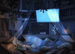  2019 anthro argar bed clothed clothing dragon furniture hi_res illarion_(character) inside kamuri lights madness_demon male night plushie screen sleeping wings 