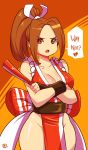  1girl armor bangs breasts broken_heart brown_hair cleavage commentary cowboy_shot crossed_arms crying crying_with_eyes_open english_commentary english_text fan fatal_fury folding_fan hair_ribbon highres japanese_armor kenron_toqueen kote large_breasts long_hair looking_at_viewer ninja no_bra no_panties obi parted_bangs pelvic_curtain ponytail red_eyes ribbon rope sad sash shimenawa shiny shiny_skin shiranui_mai smash_is_for_good_boys_and_girls solo super_smash_bros. tears thighs white_ribbon 
