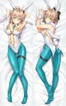  1girl ahoge animal_ears aqua_legwear armpits arms_up artoria_pendragon_(all) artoria_pendragon_(swimsuit_ruler)_(fate) artoria_pendragon_(swimsuit_ruler)_(fate)_(cosplay) bangs bare_shoulders blush bow braid breasts bunny_ears bunnysuit cleavage cosplay dakimakura detached_collar eyebrows_visible_through_hair fate/grand_order fate_(series) feather_boa fishnet_legwear fishnets from_above full_body hair_between_eyes hair_bow highres kotatsu_(kotatsu358) large_breasts leotard light_brown_hair looking_at_viewer lying navel necktie no_shoes okita_souji_(fate) okita_souji_(fate)_(all) on_back pantyhose parted_lips skindentation solo thigh_strap wrist_cuffs yellow_eyes 