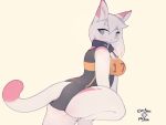  2019 anthro blush butt_pose clothing collar digital_media_(artwork) dipstick_ears dipstick_tail domestic_cat electrycpynk felid feline felis female fur grey_eyes hair inner_ear_fluff leotard looking_at_viewer mammal markings multicolored_body multicolored_ears multicolored_fur multicolored_tail pink_body pink_fur pose signature simple_background solo thick_thighs tuft white_body white_fur white_hair 