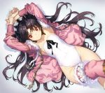  1girl arms_up asymmetrical_legwear black_hair commentary commentary_request earrings fate/grand_order fate_(series) fur-trimmed_legwear fur_trim hoop_earrings ishtar_(fate/grand_order) ishtar_(swimsuit_rider)_(fate) jacket jewelry long_hair looking_at_viewer lying on_back pink_jacket pink_legwear red_eyes saitou_masatsugu shiny shiny_hair single_thighhigh solo swimsuit thighhighs tiara twintails white_swimsuit 