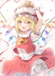  1girl 6u_(eternal_land) :d arms_up artist_name bangs blonde_hair bloomers blush commentary_request cowboy_shot crystal eyebrows_visible_through_hair flandre_scarlet frilled_shirt_collar frills gradient gradient_background grey_background hair_between_eyes hat hat_ribbon looking_at_viewer mob_cap on_head one_side_up open_mouth petals petticoat puffy_short_sleeves puffy_sleeves red_eyes red_ribbon red_skirt red_vest ribbon rose_petals sash shirt short_hair short_sleeves skirt smile solo standing stuffed_animal stuffed_toy teddy_bear touhou twitter_username underwear vest white_bloomers white_headwear white_sash white_shirt wings wrist_cuffs yellow_neckwear 