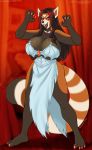  2019 ailurid anthro big_breasts black_hair black_nose breasts clothed clothing fangs female hair halloween hi_res holidays huge_breasts louella_chand mammal red_eyes red_panda solo vkyrie 