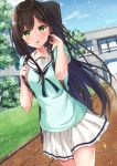  1girl :o arms_up bang_dream! bangs blush brown_hair building bush carrying cloud commentary eyebrows_visible_through_hair grass green_eyes green_shirt guitar_case hair_between_eyes hanasakigawa_school_uniform hanazono_tae hand_in_hair highres instrument_case light_particles long_hair looking_at_viewer miniskirt open_mouth parted_lips path pleated_skirt school school_uniform serafuku shirt short_sleeves sidelocks skirt sky solo sweetcheese thighs tree very_long_hair walking white_skirt window 