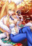  1girl animal_ears arm_support artoria_pendragon_(all) artoria_pendragon_(lancer) artoria_pendragon_(swimsuit_ruler)_(fate) bangs bare_shoulders blonde_hair blue_legwear blue_nails blue_neckwear blurry blurry_background blush breasts bunny_ears bunnysuit card casino_card_table cleavage crossed_legs detached_collar fate/grand_order fate_(series) feather_boa fishnets green_eyes hair_between_eyes highres holding holding_card large_breasts leotard long_hair looking_at_viewer necktie pantyhose parted_lips playing_card ponytail sakiyamama sidelocks signature solo white_leotard wrist_cuffs 