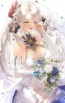  1girl antenna_hair azur_lane bangs bare_shoulders blue_flower blue_rose blush bouquet breasts bridal_gauntlets bridal_veil brown_eyes cleavage dress elbow_gloves eyebrows_visible_through_hair eyelashes floating_hair flower garter_straps gloves half-closed_eyes hand_in_hair headgear highres holding holding_bouquet large_breasts long_hair looking_at_viewer mole mole_on_breast multicolored_hair open_mouth petals prinz_eugen_(azur_lane) prinz_eugen_(symphonic_fate)_(azur_lane) ran_s200 rose see-through silver_hair simple_background smile streaked_hair swept_bangs two_side_up veil very_long_hair wedding_dress white_background white_dress white_flower white_rose 