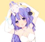  1girl :d armpits arms_up azur_lane bangs bare_shoulders beige_background black_ribbon blush breasts cleavage collarbone commentary_request criss-cross_halter dress elbow_gloves eyebrows_behind_hair gloves hair_bun hair_ribbon halterneck medium_breasts one_side_up open_mouth purple_eyes purple_hair ribbon round_teeth side_bun smile solo stuffed_animal stuffed_toy stuffed_unicorn teeth translation_request two-tone_background unicorn_(azur_lane) upper_teeth white_background white_dress white_gloves yamori_shiki 