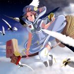  1girl badge bangs bird blue_dress broom broom_riding brown_eyes brown_hair cup disposable_cup dress drinking drinking_straw fast_food food french_fries hamburger hat headphones highres holding holding_food masao necktie night night_sky original outdoors short_hair short_sleeves sky solo thighhighs white_legwear witch 