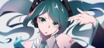  1girl arm_up blue_eyes blue_neckwear collar detached_sleeves eyebrows_visible_through_hair finger_gun hatsune_miku headset highres kasoku_souchi long_hair looking_at_viewer nail_polish necktie neckwear open_mouth shoulder_tattoo simple_background solo tattoo twintails upper_body vocaloid 