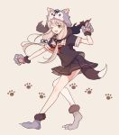  1girl black_ribbon black_serafuku black_skirt blonde_hair brown_background claws full_body gloves green_eyes hair_ribbon kantai_collection long_hair looking_at_viewer neckerchief one_eye_closed paw_boots paw_gloves paw_print paws pleated_skirt red_neckwear remodel_(kantai_collection) ribbon sailor_collar school_uniform serafuku shakemi_(sake_mgmgmg) skirt solo standing straight_hair tail white_sailor_collar wolf_hood wolf_tail yuudachi_(kantai_collection) 