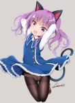  1girl :d alice_gear_aegis animal_ears arms_up ass_visible_through_thighs bangs blue_dress blush brown_footwear brown_legwear cat_ears cat_girl cat_tail collared_dress collared_shirt commentary_request dress eyebrows_visible_through_hair fang frilled_dress frills full_body grey_background head_tilt highres ichijou_ayaka loafers looking_at_viewer open_mouth panties panties_under_pantyhose pantyhose purple_eyes purple_hair shirt shoes simple_background sleeveless sleeveless_dress smile solo tail tamayan thigh_gap thighband_pantyhose twintails twitter_username underwear v-shaped_eyebrows white_shirt 