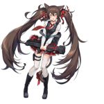  1girl alternate_costume animal_ear_fluff animal_ears backpack bag bangs bell blue_footwear blue_vest blush boots breasts brown_eyes brown_hair cat_ears cat_tail collared_shirt damaged double-breasted eyebrows_visible_through_hair fang food food_in_mouth full_body girls_frontline gun hair_bell hair_between_eyes hair_ornament hair_ribbon holding holding_gun holding_weapon jingle_bell long_hair long_sleeves looking_at_viewer nagu necktie official_art open_mouth petticoat qbz-97_(girls_frontline) red_neckwear red_ribbon red_skirt ribbon school_bag school_uniform shirt skin_fang skirt tail tail_bell thigh_strap thighhighs torn_clothes transparent_background twintails very_long_hair vest weapon white_legwear white_shirt 