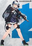  1girl ankle_boots assault_rifle background_text backpack bag bangs blue_background blunt_bangs blush boots breasts dress english_text expressionless eyebrows_visible_through_hair facial_mark full_body girls_frontline gloves green_eyes grey_background gun h&amp;k_hk416 hair_ornament hand_on_hip headset heckler_&amp;_koch highres hk416_(girls_frontline) holding holding_gun holding_weapon jacket long_hair medium_breasts mod3_(girls_frontline) multicolored multicolored_background name_tag open_clothes open_jacket persocon93 rifle sidelocks silver_hair snap-fit_buckle solo trigger_discipline twitter_username very_long_hair weapon 