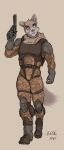  anthro armor body_armor boots breastplate camo canid canine canis clothing digital_media_(artwork) footwear gloves gun handgun handwear harness hi_res jumpsuit knee_pads mammal marsonaut pistol ranged_weapon shoulder_pads soldier uniform walking warrior weapon wolf 