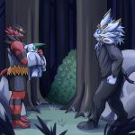  aladar_(character) angry bedding black_tie_(suit) blanket bottomwear clothing forest fur holding_(disambiguation) hostage incineroar legendary_pok&eacute;mon neku-neku nintendo pok&eacute;mon pok&eacute;mon_(species) shorts size_difference solgaleo suit tree video_games zangoose 