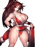  1girl bare_shoulders breasts brown_hair cameltoe cleavage collarbone covered_nipples fatal_fury fumio_(rsqkr) hand_on_hip highres hip_focus huge_breasts long_hair looking_at_viewer ponytail serious shiranui_mai sideboob simple_background standing the_king_of_fighters thick_thighs thighs white_background 