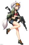  1girl :d absurdres ahoge animal_ear_fluff animal_ears bangs between_breasts black_shorts breasts brown_eyes commentary crop_top cz-75 eyebrows_visible_through_hair fang fox_ears fox_girl fox_tail full_body gloves goggles goggles_on_head green_jacket grey_footwear gun hair_between_eyes handgun highres holding holding_gun holding_weapon holster holstered_weapon jacket looking_at_viewer medium_breasts navel ndtwofives open_clothes open_jacket open_mouth original ponytail scope shoes short_shorts shorts silver_hair simple_background smile sneakers solo standing standing_on_one_leg strap_between_breasts tail trigger_discipline twitter_username vepr-12 weapon weapon_on_back weapon_request white_background white_gloves 