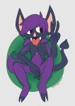  2019 abstract_background absurd_res alternate_species ambiguous_gender anthro arm_markings bat_nose big_ears blue_body blue_markings blue_skin bodily_fluids chiropteran demon drooling fangs gesture hair hi_res leg_markings long_hair long_tail mammal markings morgrem nintendo pok&eacute;mon pok&eacute;mon_(species) purple_body purple_hair purple_markings purple_skin riedel_scallion saliva screamoshaymin sharp_teeth signature simple_background sitting spade_tail teeth tongue tongue_out unknown_pok&eacute;mon v_sign video_games 