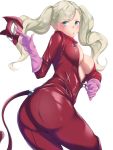  1girl ass bangs black_mutou blonde_hair blue_eyes blush bodysuit breasts cat_mask cat_tail elbow_gloves eyebrows_visible_through_hair fake_tail gloves hair_ornament hairclip highres holding holding_mask large_breasts long_hair looking_at_viewer mask no_bra persona persona_5 pink_gloves red_bodysuit simple_background solo swept_bangs tail takamaki_anne twintails unzipped unzipping white_background zipper zipper_pull_tab 