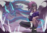  1girl absurdres akali asymmetrical_legwear aurelion_sol_(league_of_legends) baseball_cap bracelet breasts choker cleavage commentary dragon eyebrows_visible_through_hair hat highres jacket jewelry joehongtee k/da_(league_of_legends) k/da_akali league_of_legends long_hair looking_at_viewer mask medium_breasts off-shoulder_jacket ponytail purple_hair shoes solo 