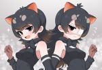  2girls australian_devil_(kemono_friends) back_bow bare_shoulders black_hair black_shirt bow bowtie brown_eyes brown_hair commentary_request elbow_gloves extra_ears eyebrows_visible_through_hair eyepatch fang flying_sweatdrops gloves kemono_friends long_hair multicolored_hair multiple_girls open_mouth ransusan shirt short_hair sleeveless tasmanian_devil_(kemono_friends) tasmanian_devil_ears tasmanian_devil_girl tasmanian_devil_tail wavy_mouth white_hair 
