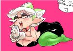  +_+ 1girl absurdres bare_shoulders blush breast_press breasts cleavage domino_mask food food_on_head gloves green_legwear half-closed_eyes hands_clasped highres hotaru_(splatoon) large_breasts lying mask mole mole_under_eye object_on_head on_stomach own_hands_together short_hair skirt solo splatoon_(series) splatoon_1 sweat tears tentacle_hair uniwooni white_gloves white_hair yellow_eyes 