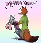  2017 bottomwear brown_body brown_fur buckteeth canid canine clothed clothing dipstick_ears dipstick_tail disney english_text fox fully_clothed fur gloves_(marking) gradient_background green_eyes grey_body grey_fur hi_res holmssie judy_hopps lagomorph leporid mammal markings multicolored_ears multicolored_tail nick_wilde open_mouth pants pose rabbit red_fox scut_tail shirt simple_background sparkles standing teeth text topwear zootopia 