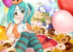  1girl absurdres aqua_hair bakemonogatari balloon bangs blush doughnut drawdream1025 dress dress_shirt finger_to_mouth food googly_eyes green_eyes hand_on_own_knee hat headwear highres indoors legs long_hair looking_at_viewer monogatari_(series) ononoki_yotsugi open_mouth orange_dress orange_headwear parted_bangs pointy_ears red_skirt ribbon shirt sitting skirt solo striped striped_legwear stuffed_animal stuffed_elephant stuffed_frog stuffed_lion stuffed_mouse stuffed_penguin stuffed_toy teddy_bear thighs twintails white_ribbon 